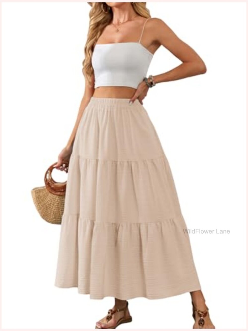 Tiered Maxi Skirt High Waisted A-Line Flowy Long with Pockets - Picture 2 of 7